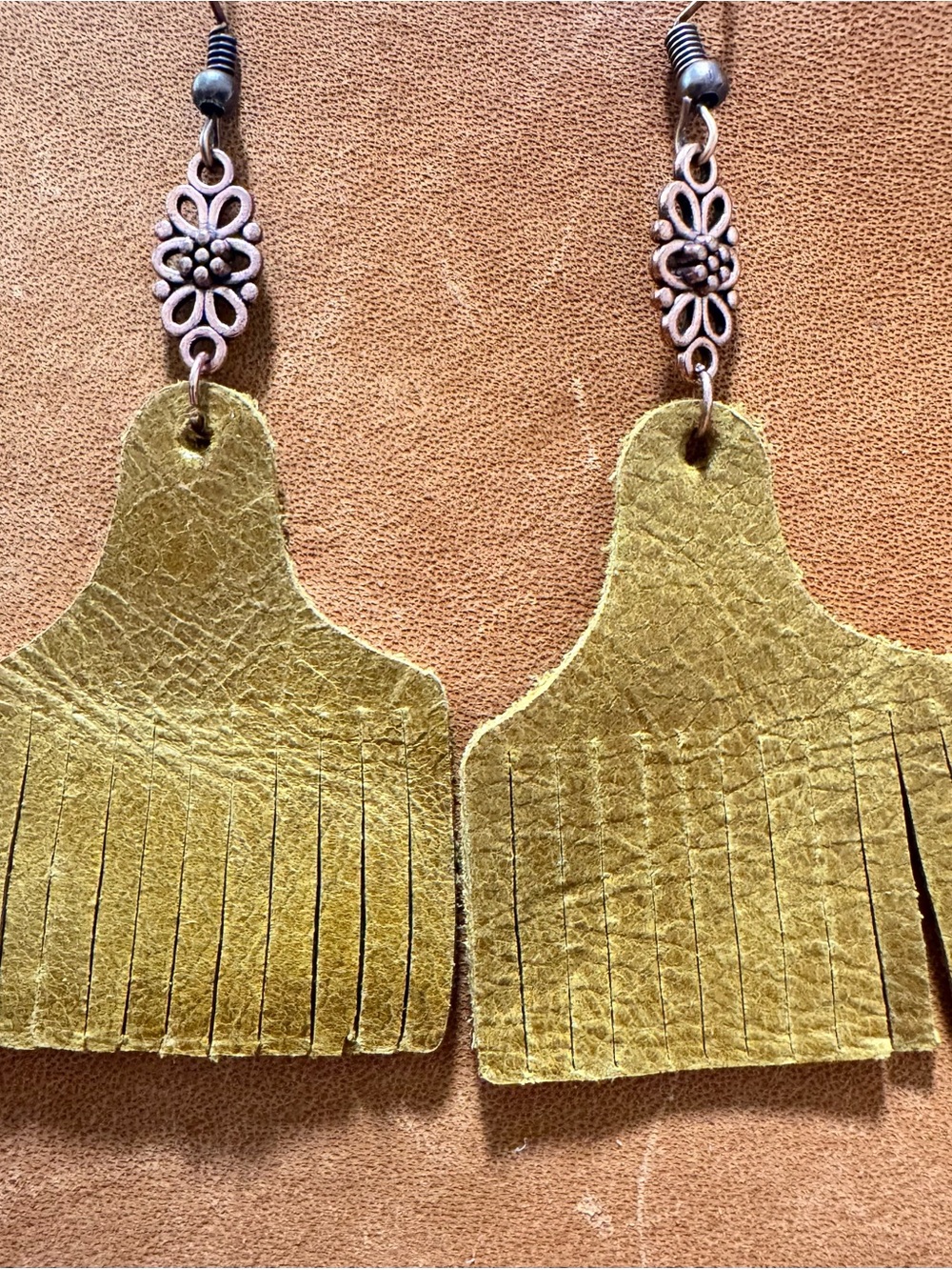 Gold Fringe Leather Drop Earrings with Floral Ear Hooks
